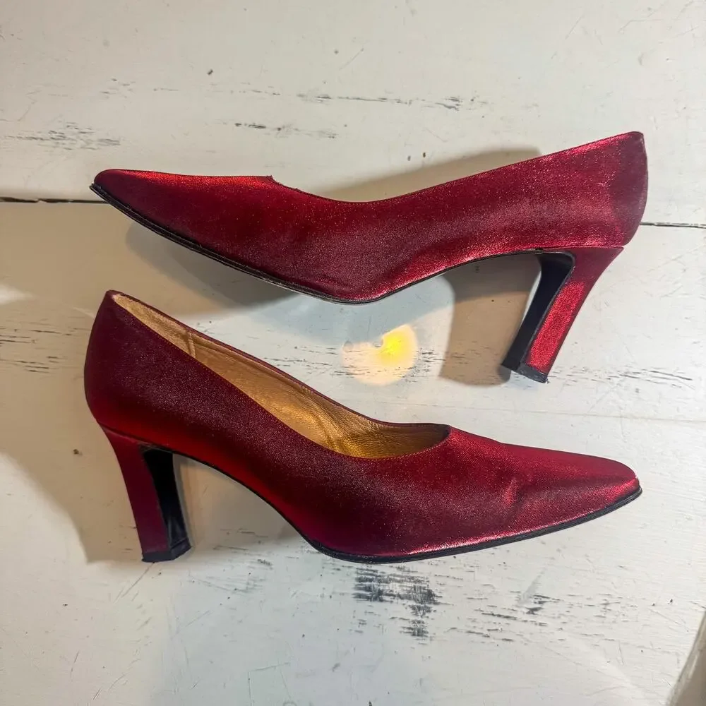 Kurt Geiger Red Shimmer Square Toe Block Heel Pumps Metallic Holiday Party 9.5
